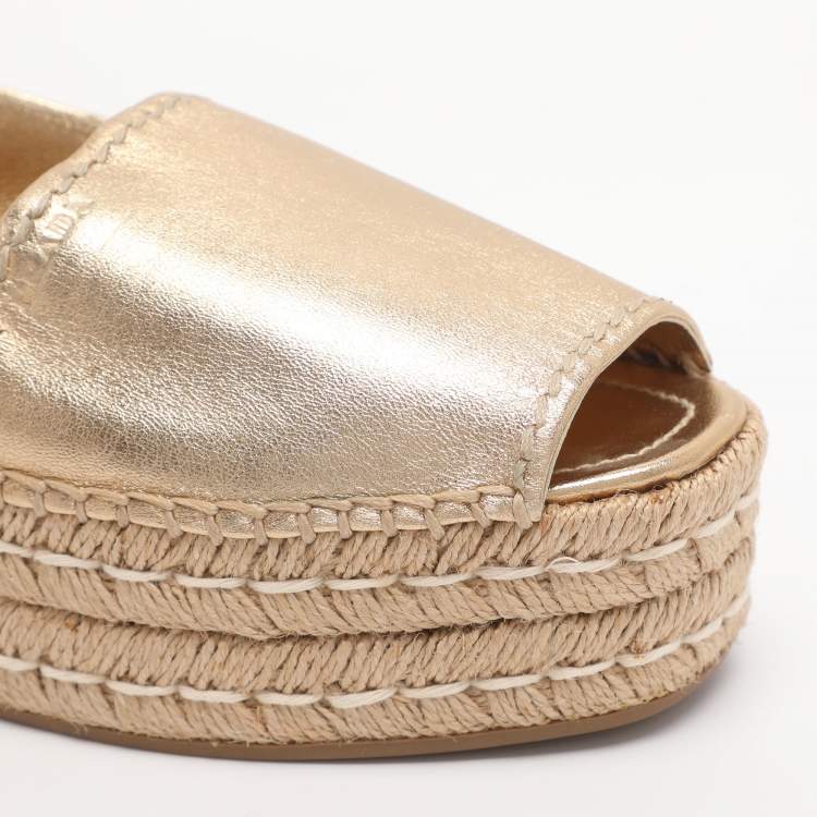 Pre Owned Prada Size 38 Gold Leather Peep Toe Platform Espadrille Flats