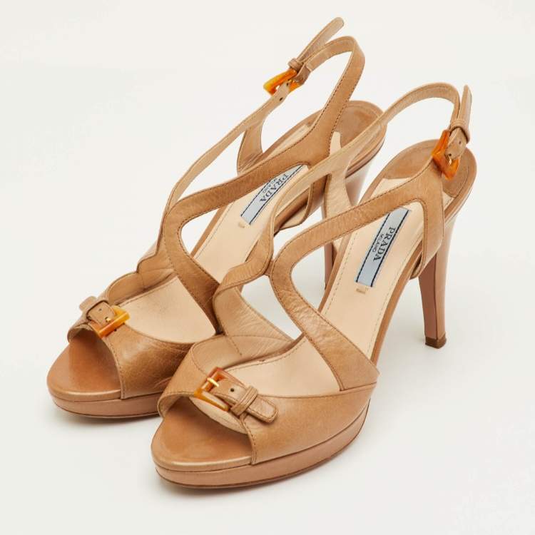 Pre Owned Prada Size 37 Beige Leather Platform Ankle Strap Sandals
