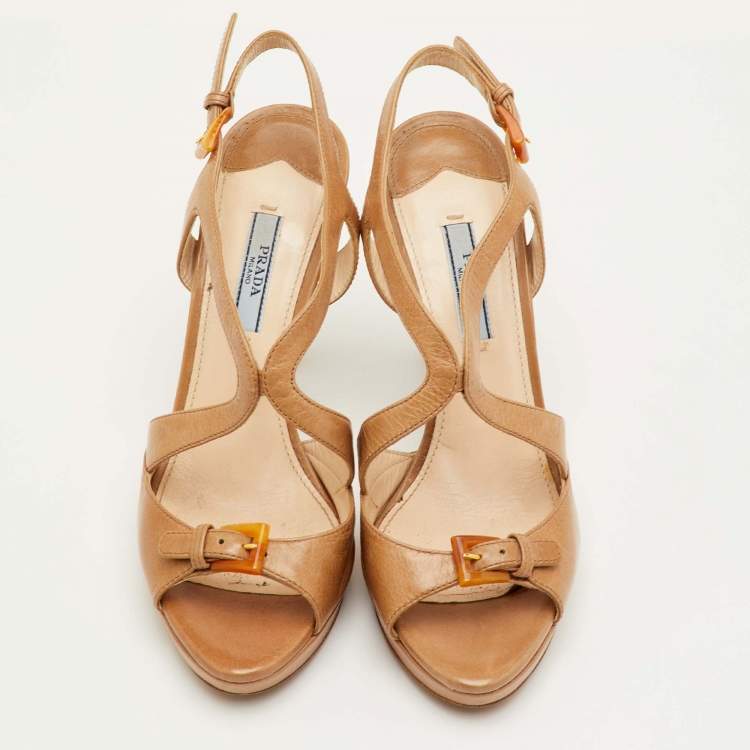 Pre Owned Prada Size 37 Beige Leather Platform Ankle Strap Sandals