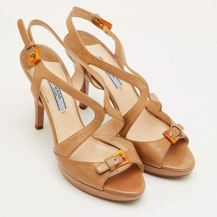 Pre Owned Prada Size 37 Beige Leather Platform Ankle Strap Sandals