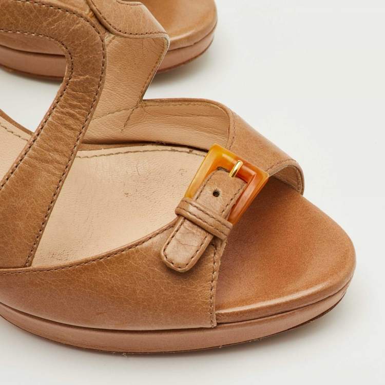 Pre Owned Prada Size 37 Beige Leather Platform Ankle Strap Sandals