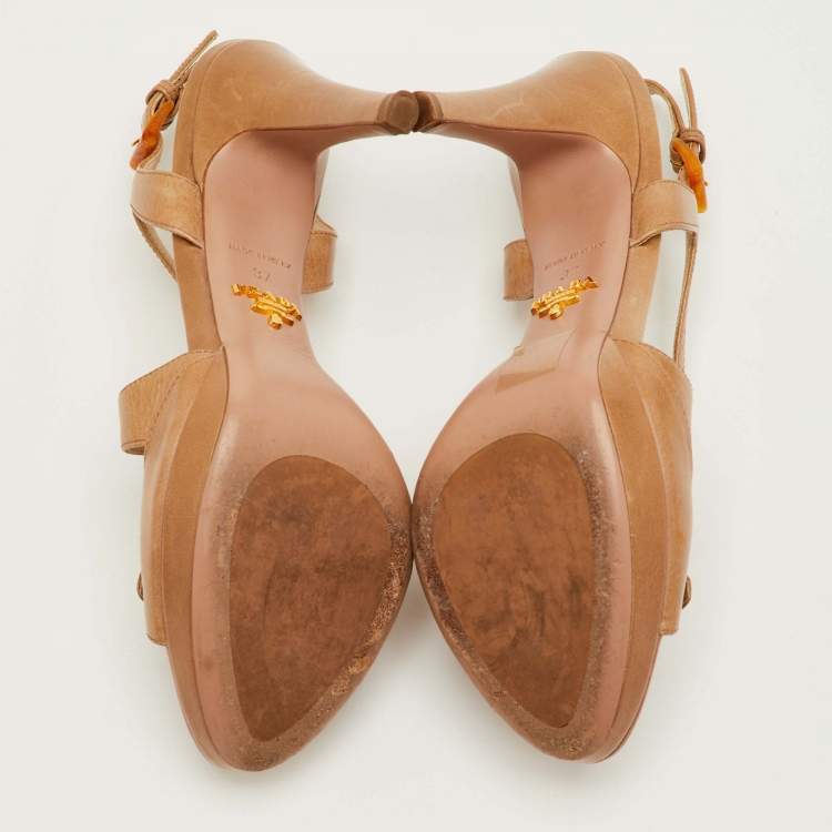 Pre Owned Prada Size 37 Beige Leather Platform Ankle Strap Sandals
