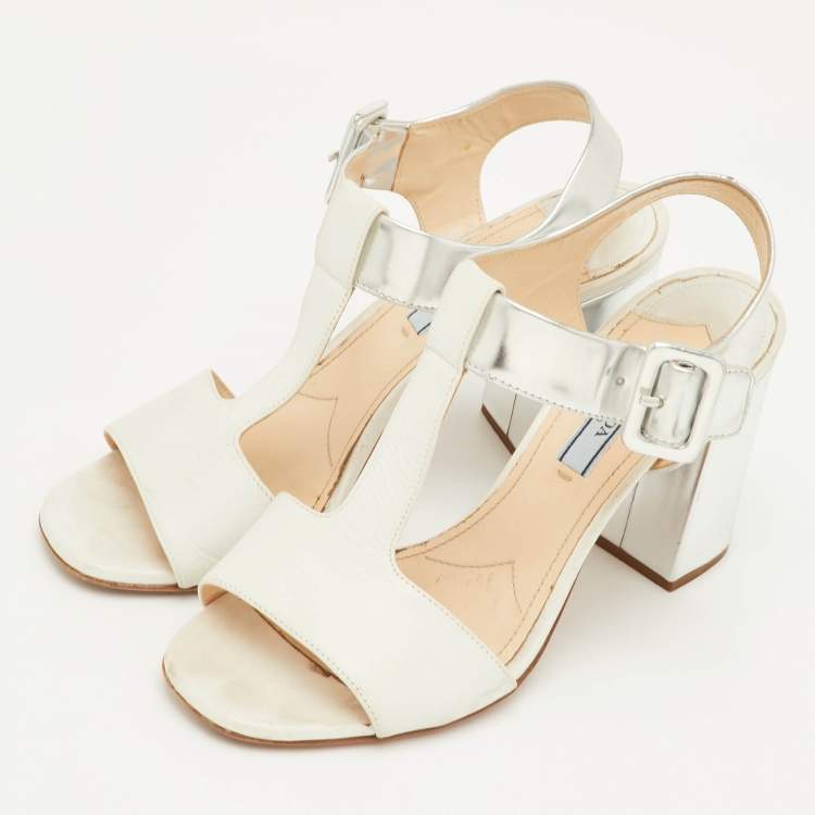 Pre Owned Prada Size 37 White/Silver Leather Block Heel T-Strap Sandals