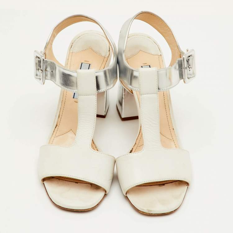 Pre Owned Prada Size 37 White/Silver Leather Block Heel T-Strap Sandals