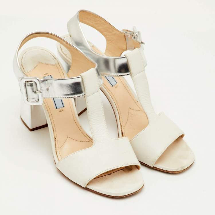 Pre Owned Prada Size 37 White/Silver Leather Block Heel T-Strap Sandals
