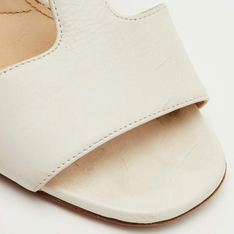 Pre Owned Prada Size 37 White/Silver Leather Block Heel T-Strap Sandals