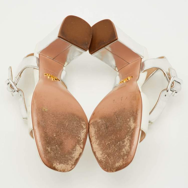 Pre Owned Prada Size 37 White/Silver Leather Block Heel T-Strap Sandals