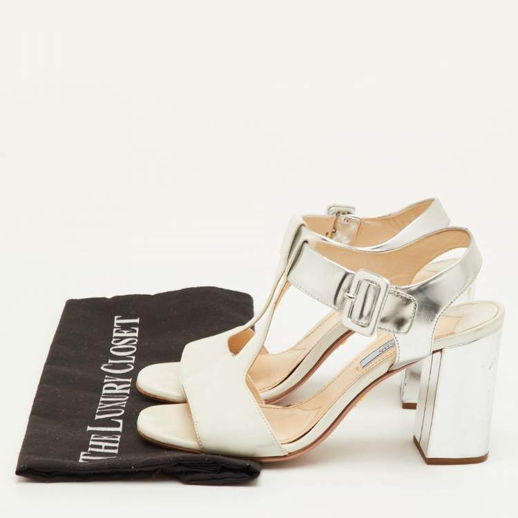 Pre Owned Prada Size 37 White/Silver Leather Block Heel T-Strap Sandals
