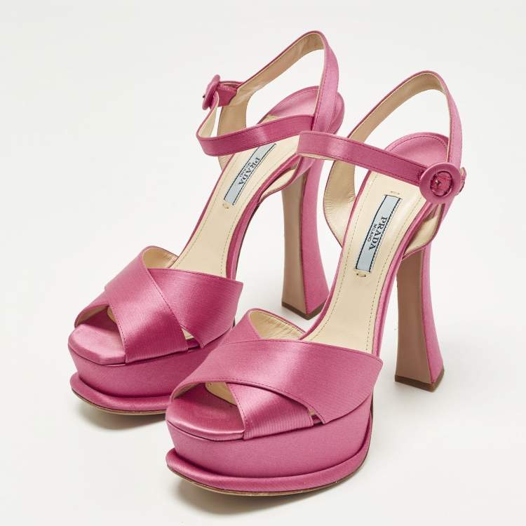 Pre Owned Prada Size 38.5 Pink Satin Crisscross Ankle Strap Sandals