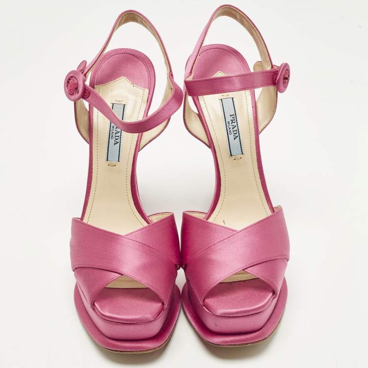 Pre Owned Prada Size 38.5 Pink Satin Crisscross Ankle Strap Sandals