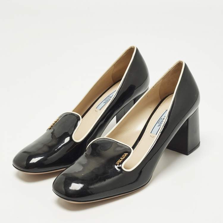 Pre Owned Prada Size 39 Black Patent Leather Loafer Block Heel Pumps
