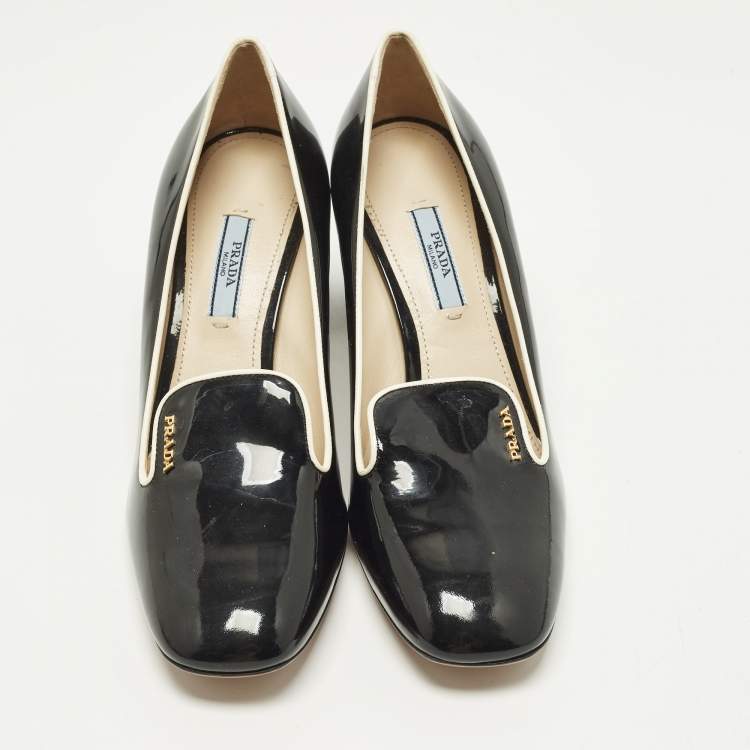 Pre Owned Prada Size 39 Black Patent Leather Loafer Block Heel Pumps