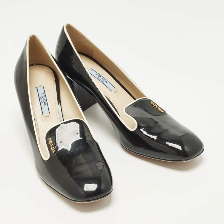 Pre Owned Prada Size 39 Black Patent Leather Loafer Block Heel Pumps