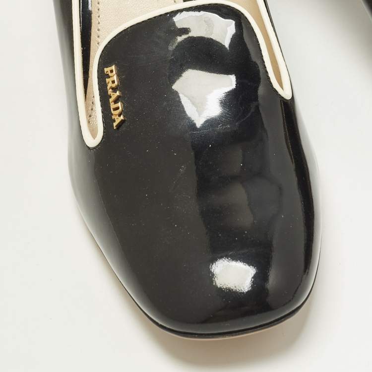 Pre Owned Prada Size 39 Black Patent Leather Loafer Block Heel Pumps