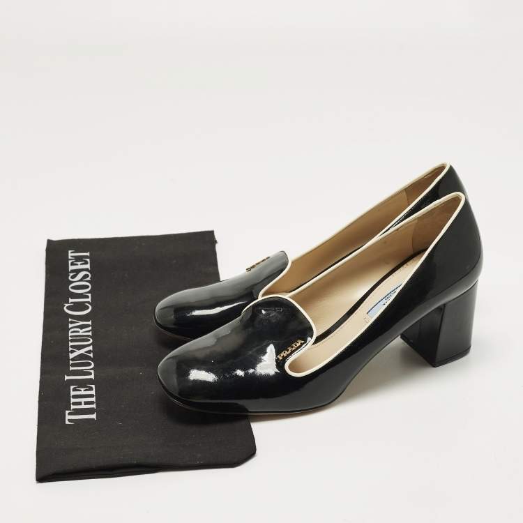 Pre Owned Prada Size 39 Black Patent Leather Loafer Block Heel Pumps