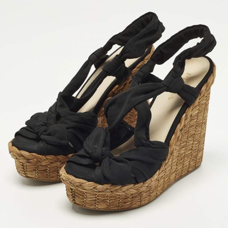 Pre Owned Prada Size 39.5 Black Fabric and Raffia Wedge Sandals