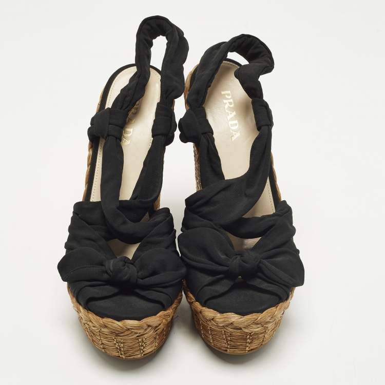 Pre Owned Prada Size 39.5 Black Fabric and Raffia Wedge Sandals
