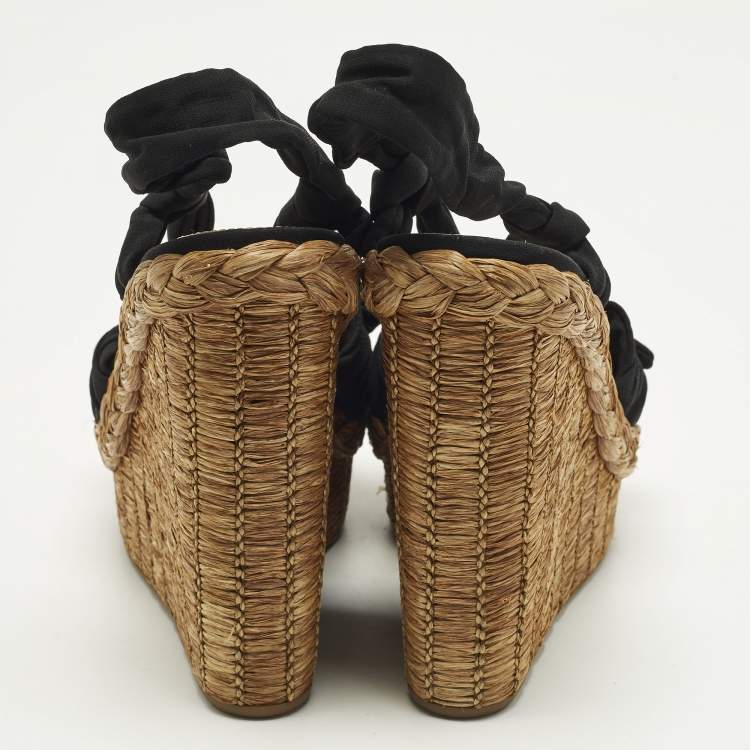 Pre Owned Prada Size 39.5 Black Fabric and Raffia Wedge Sandals