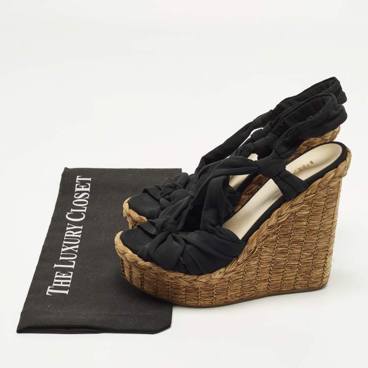 Pre Owned Prada Size 39.5 Black Fabric and Raffia Wedge Sandals
