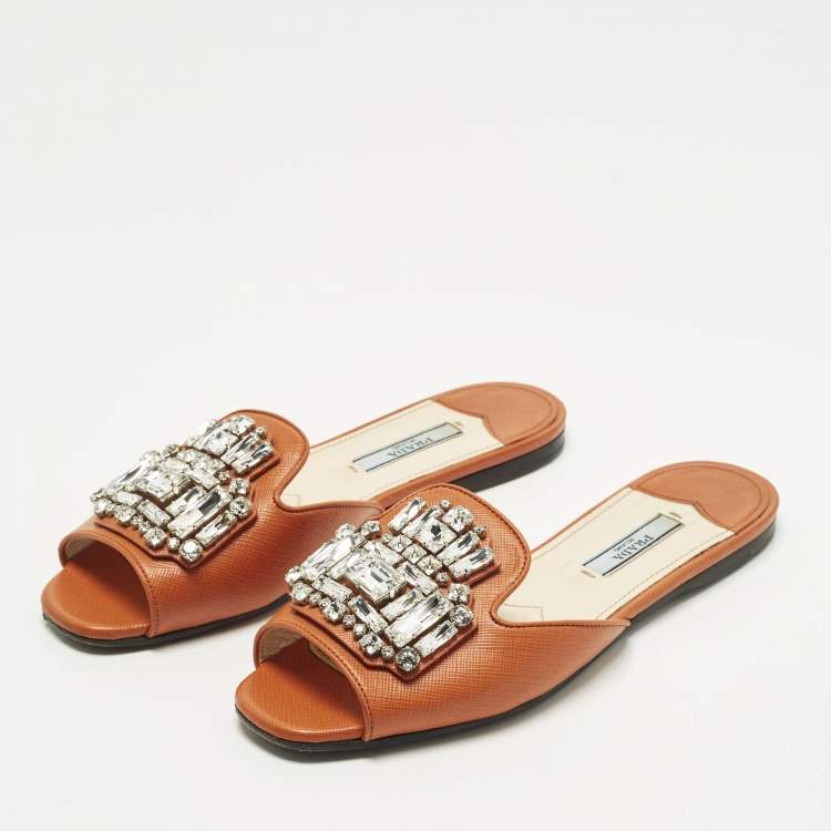 مملوكة مسبقًا Prada Size 36 Orange Saffiano Leather Crystals Embellished Flat Slide