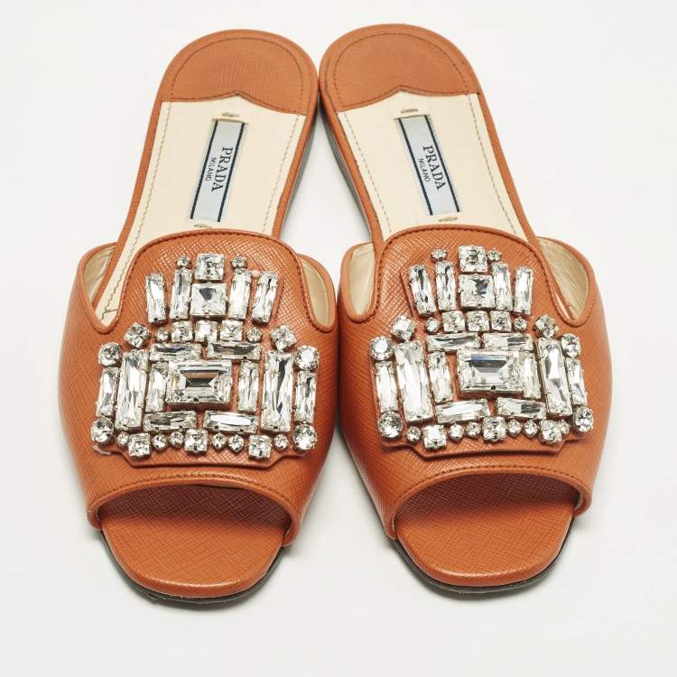 مملوكة مسبقًا Prada Size 36 Orange Saffiano Leather Crystals Embellished Flat Slide
