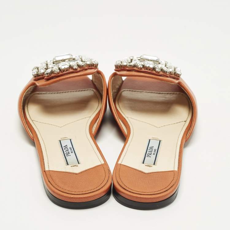 مملوكة مسبقًا Prada Size 36 Orange Saffiano Leather Crystals Embellished Flat Slide