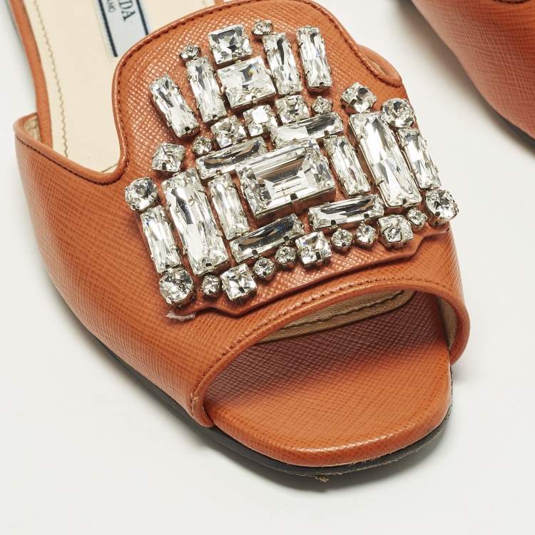 مملوكة مسبقًا Prada Size 36 Orange Saffiano Leather Crystals Embellished Flat Slide