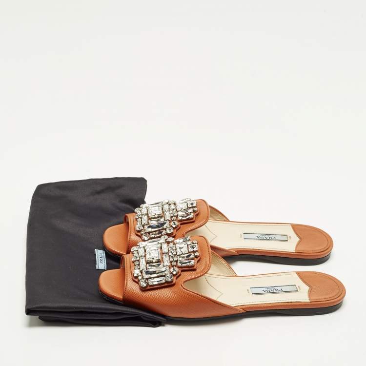 مملوكة مسبقًا Prada Size 36 Orange Saffiano Leather Crystals Embellished Flat Slide