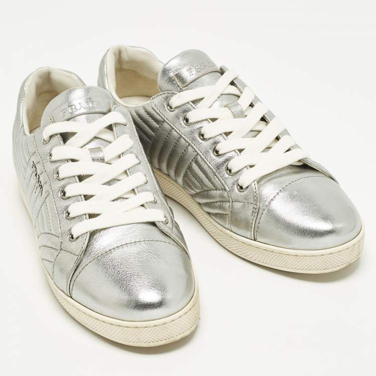 Pre Owned Prada Size 39.5 Silver Diagramme Leather Low Top Sneakers