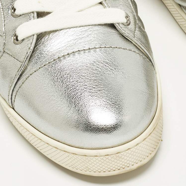 Pre Owned Prada Size 39.5 Silver Diagramme Leather Low Top Sneakers