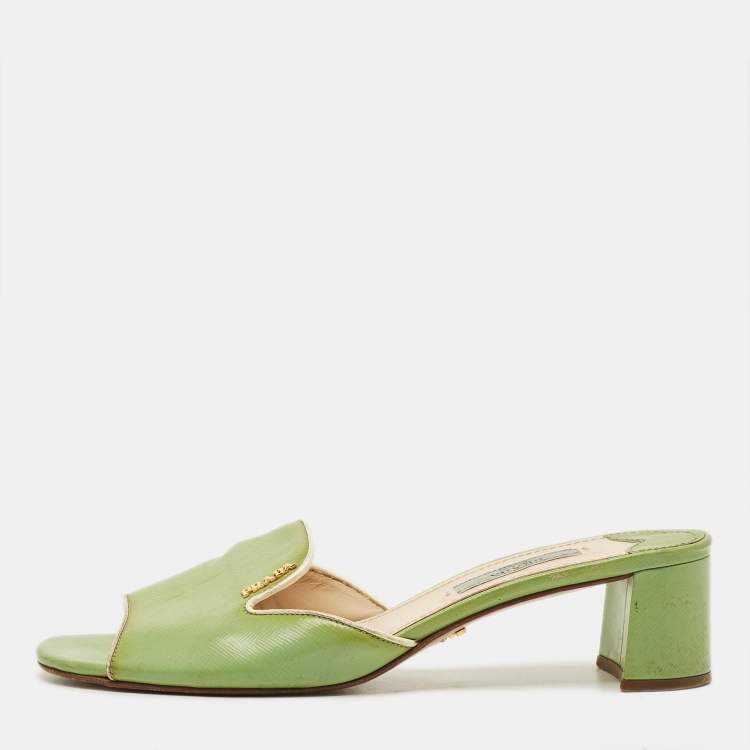 Pre Owned Prada Size 37.5 Green Saffiano Leather Slide Sandals