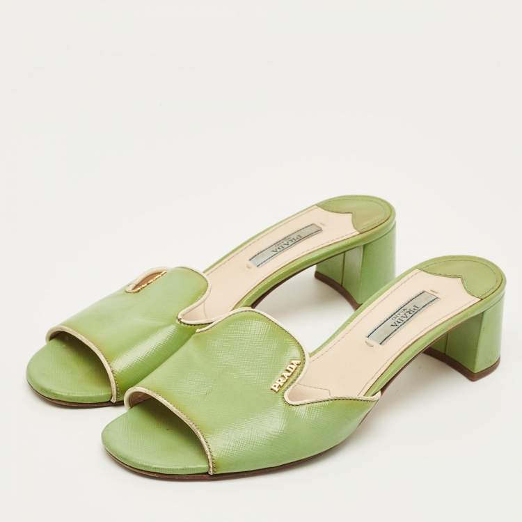 Pre Owned Prada Size 37.5 Green Saffiano Leather Slide Sandals