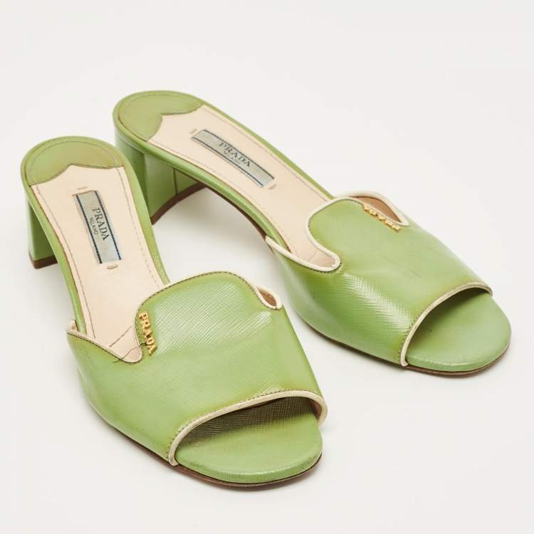 Pre Owned Prada Size 37.5 Green Saffiano Leather Slide Sandals