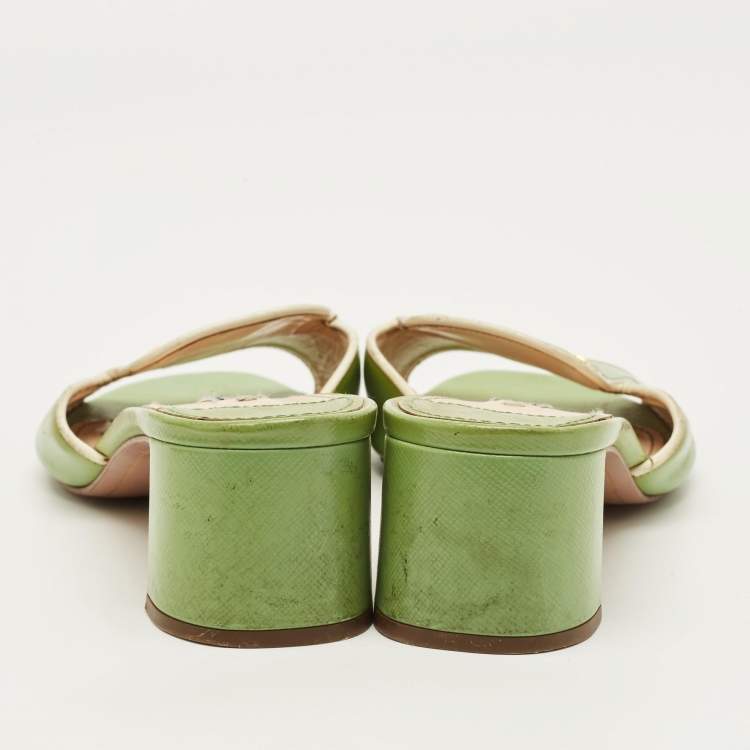 Pre Owned Prada Size 37.5 Green Saffiano Leather Slide Sandals