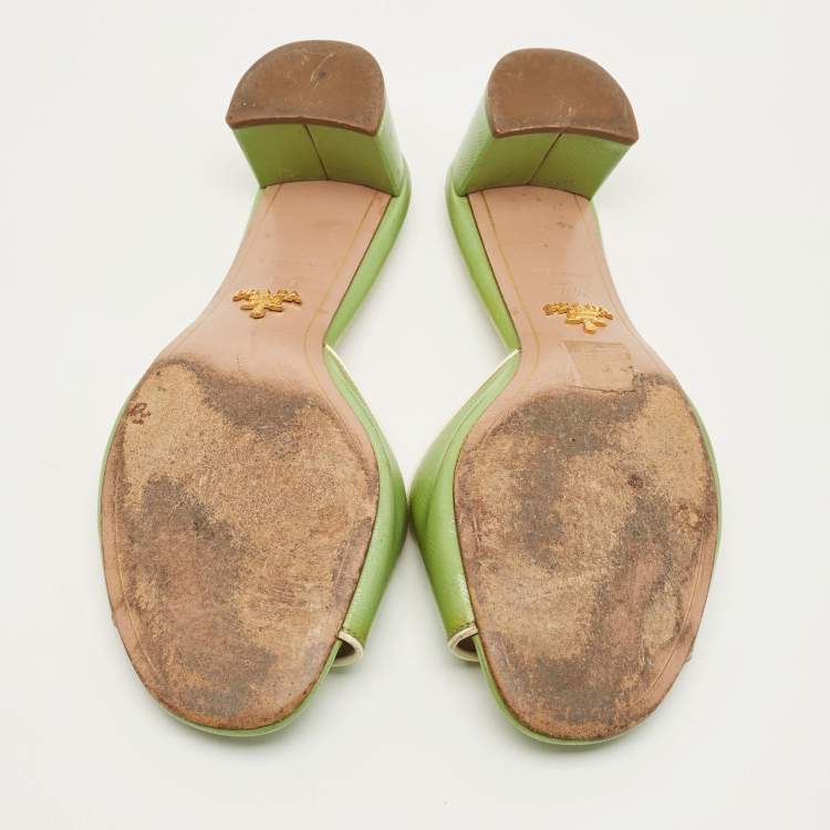 Pre Owned Prada Size 37.5 Green Saffiano Leather Slide Sandals