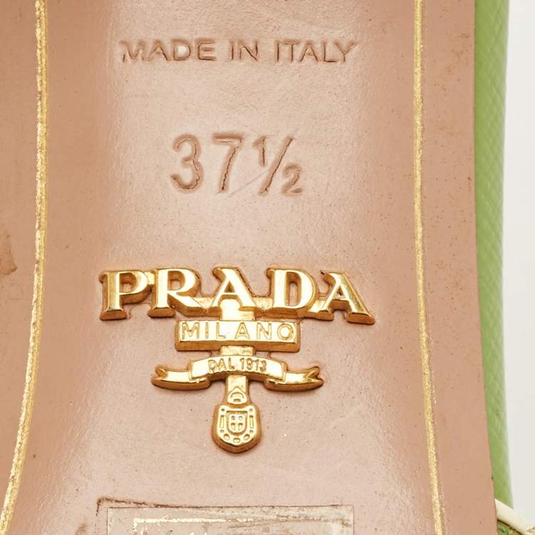 Pre Owned Prada Size 37.5 Green Saffiano Leather Slide Sandals