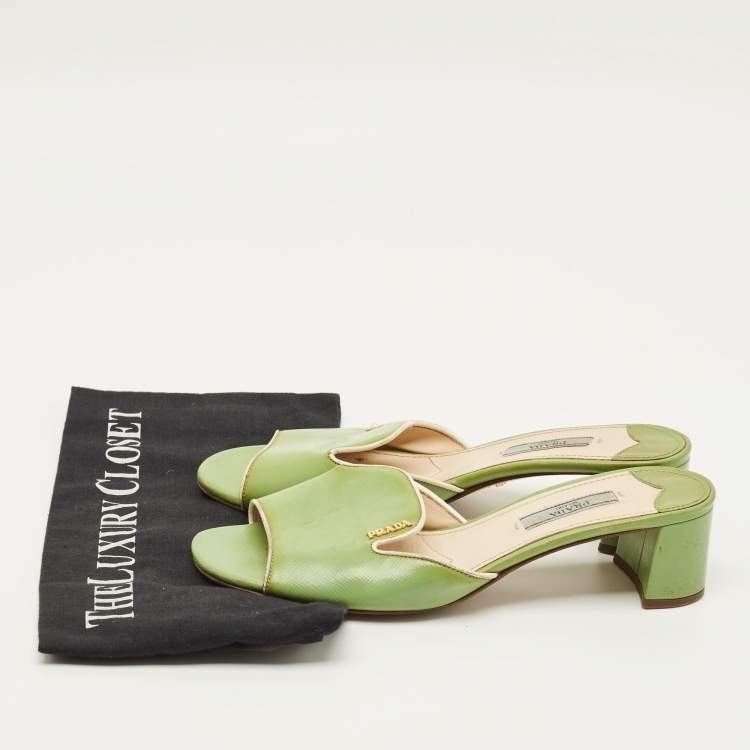 Pre Owned Prada Size 37.5 Green Saffiano Leather Slide Sandals
