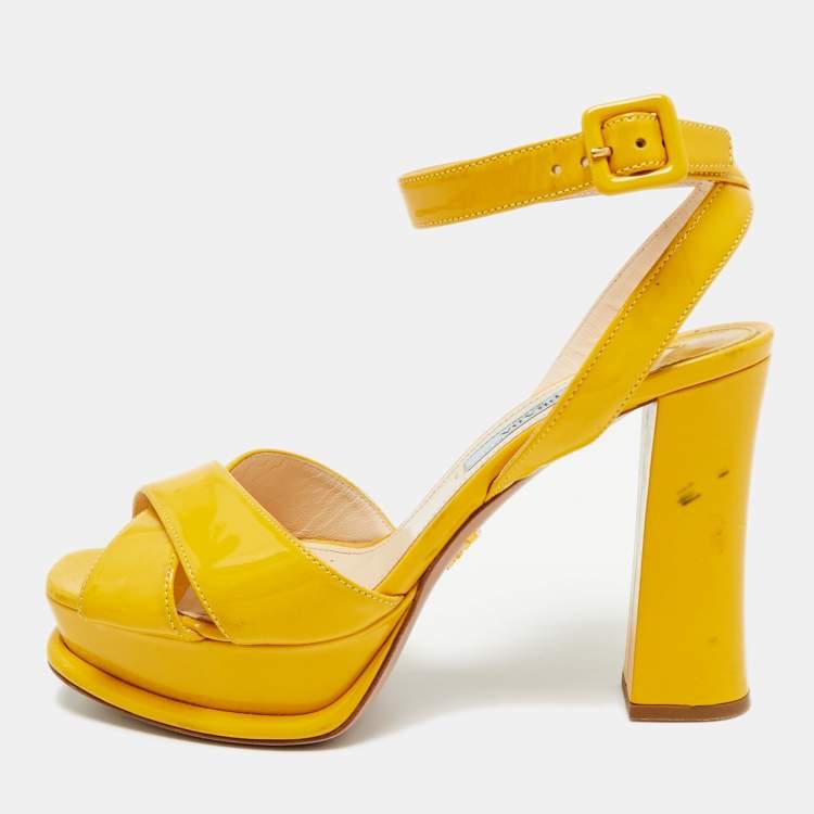 Pre Owned Prada Size 36.5 Yellow Patent Leather Crisscross Ankle Strap Sandals