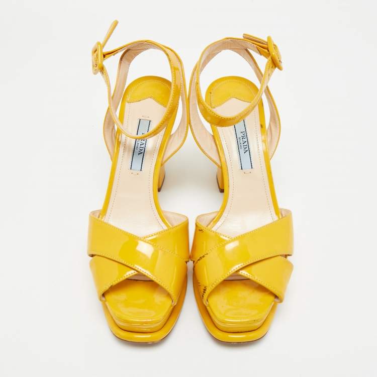 Pre Owned Prada Size 36.5 Yellow Patent Leather Crisscross Ankle Strap Sandals
