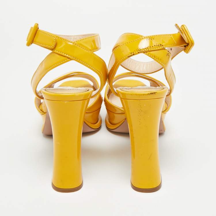 Pre Owned Prada Size 36.5 Yellow Patent Leather Crisscross Ankle Strap Sandals