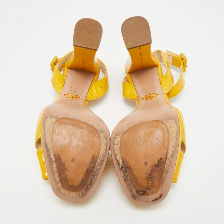 Pre Owned Prada Size 36.5 Yellow Patent Leather Crisscross Ankle Strap Sandals