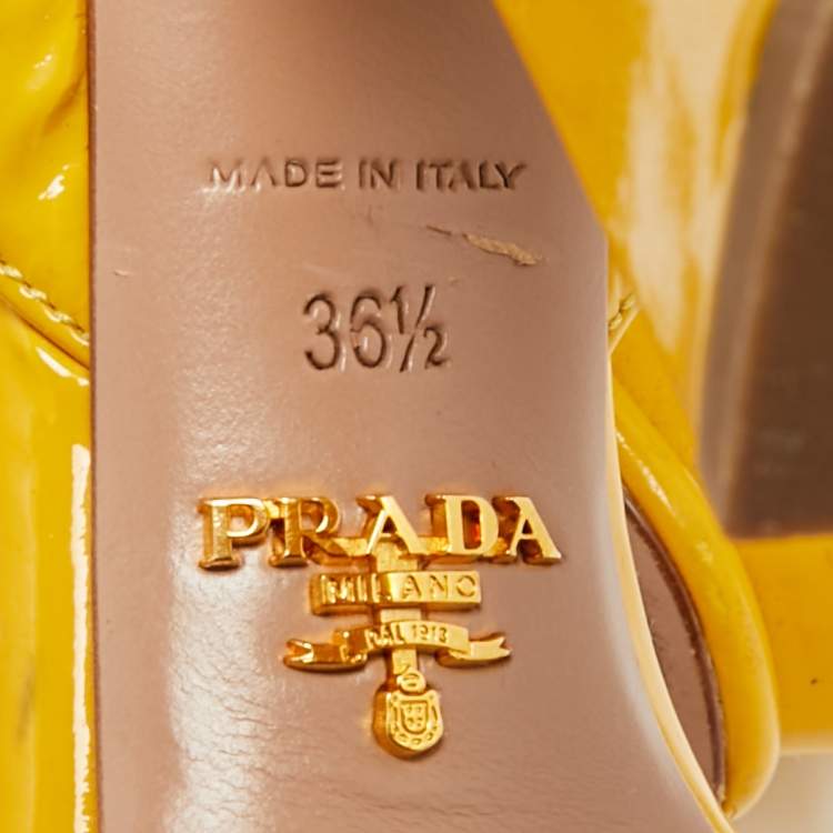 Pre Owned Prada Size 36.5 Yellow Patent Leather Crisscross Ankle Strap Sandals