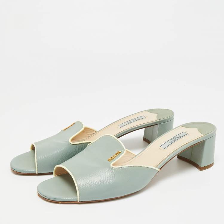 Pre Owned Prada Size 41.5 Blue Saffiano Leather Slide Sandals