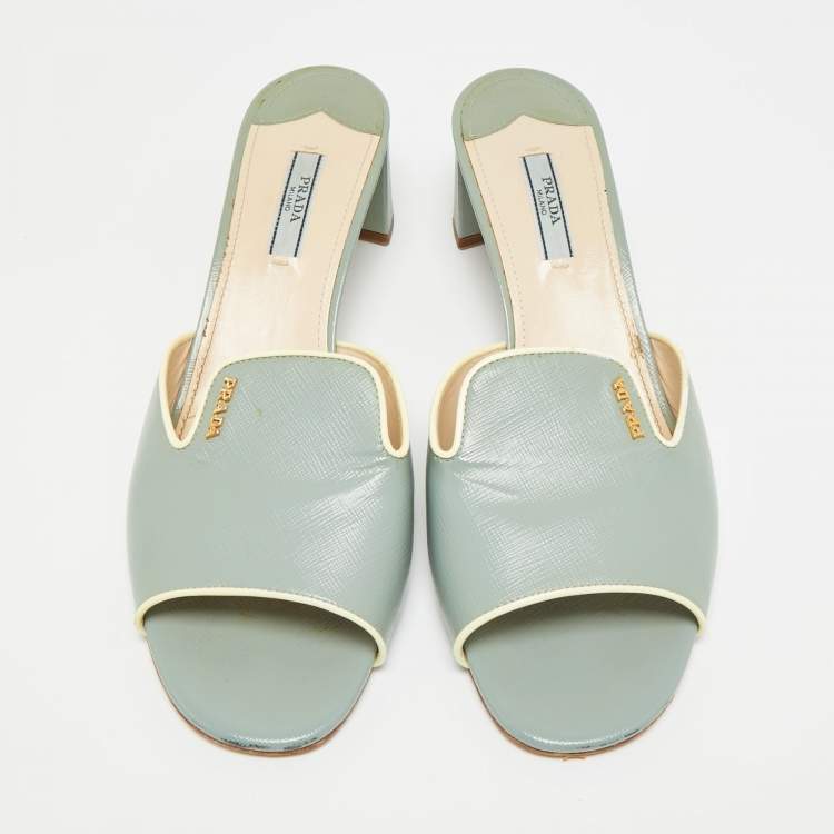 Pre Owned Prada Size 41.5 Blue Saffiano Leather Slide Sandals