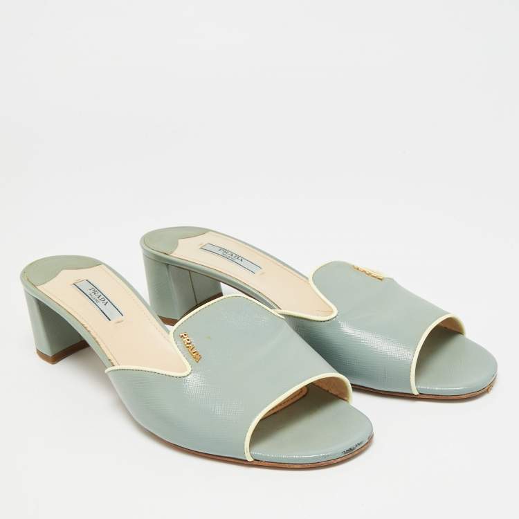 Pre Owned Prada Size 41.5 Blue Saffiano Leather Slide Sandals