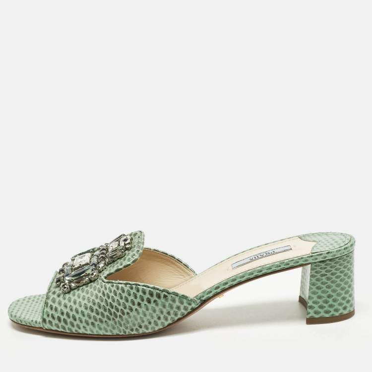 Pre Owned Prada Size 41 Green Snakeskin Leather Crystal Embellished Slide Sandals