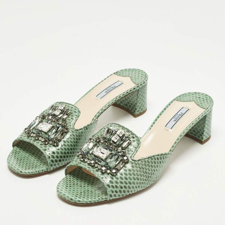 Pre Owned Prada Size 41 Green Snakeskin Leather Crystal Embellished Slide Sandals