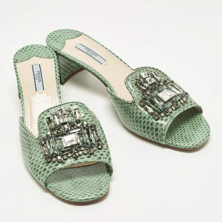 Pre Owned Prada Size 41 Green Snakeskin Leather Crystal Embellished Slide Sandals