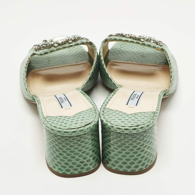 Pre Owned Prada Size 41 Green Snakeskin Leather Crystal Embellished Slide Sandals