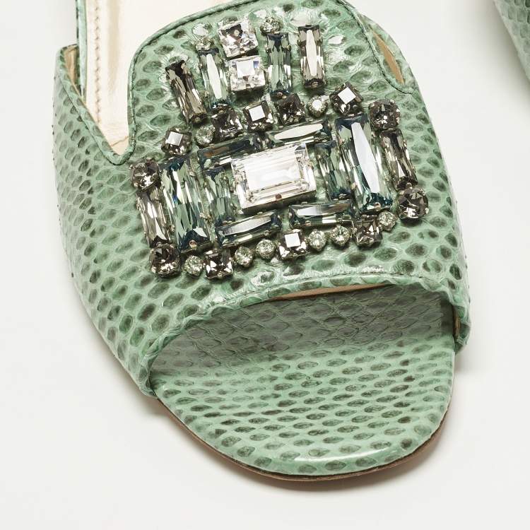 Pre Owned Prada Size 41 Green Snakeskin Leather Crystal Embellished Slide Sandals